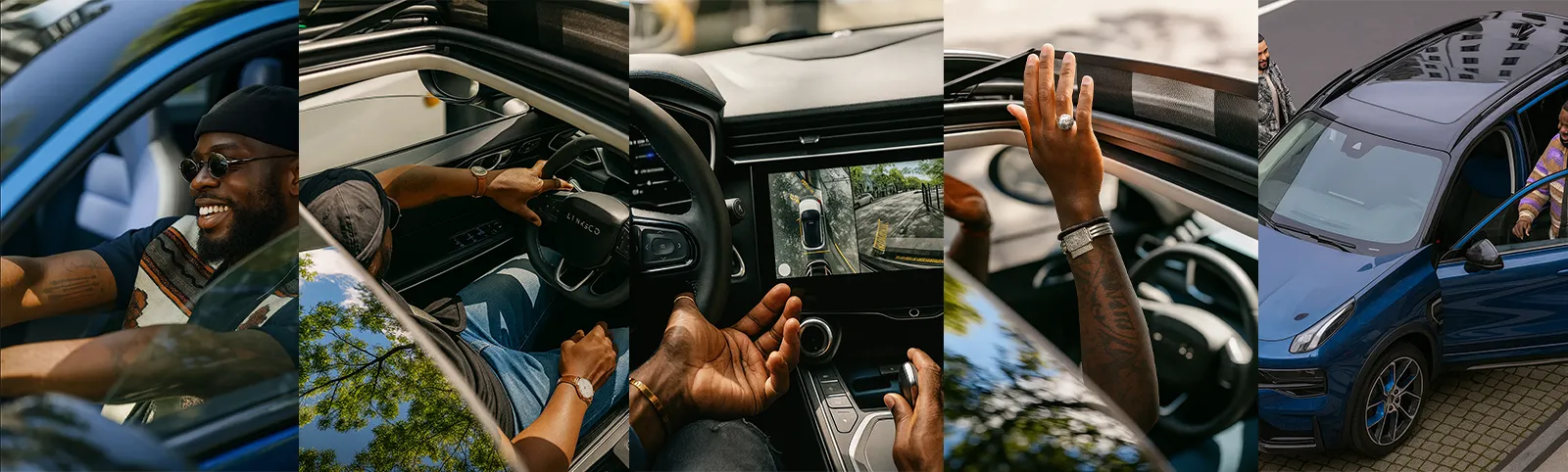 Série de photos montrant un créateur en collaboration avec la marque automobile Lynk & Co : conduite, détails de la voiture et mise en avant du véhicule.