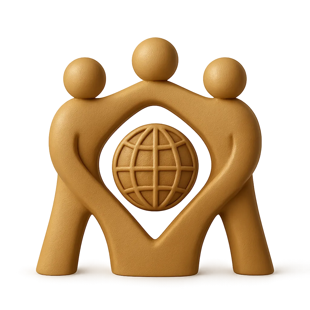 Illustration stylisée de trois personnages unis autour d’un globe, symbole d’inclusion, de diversité culturelle et de collaboration.