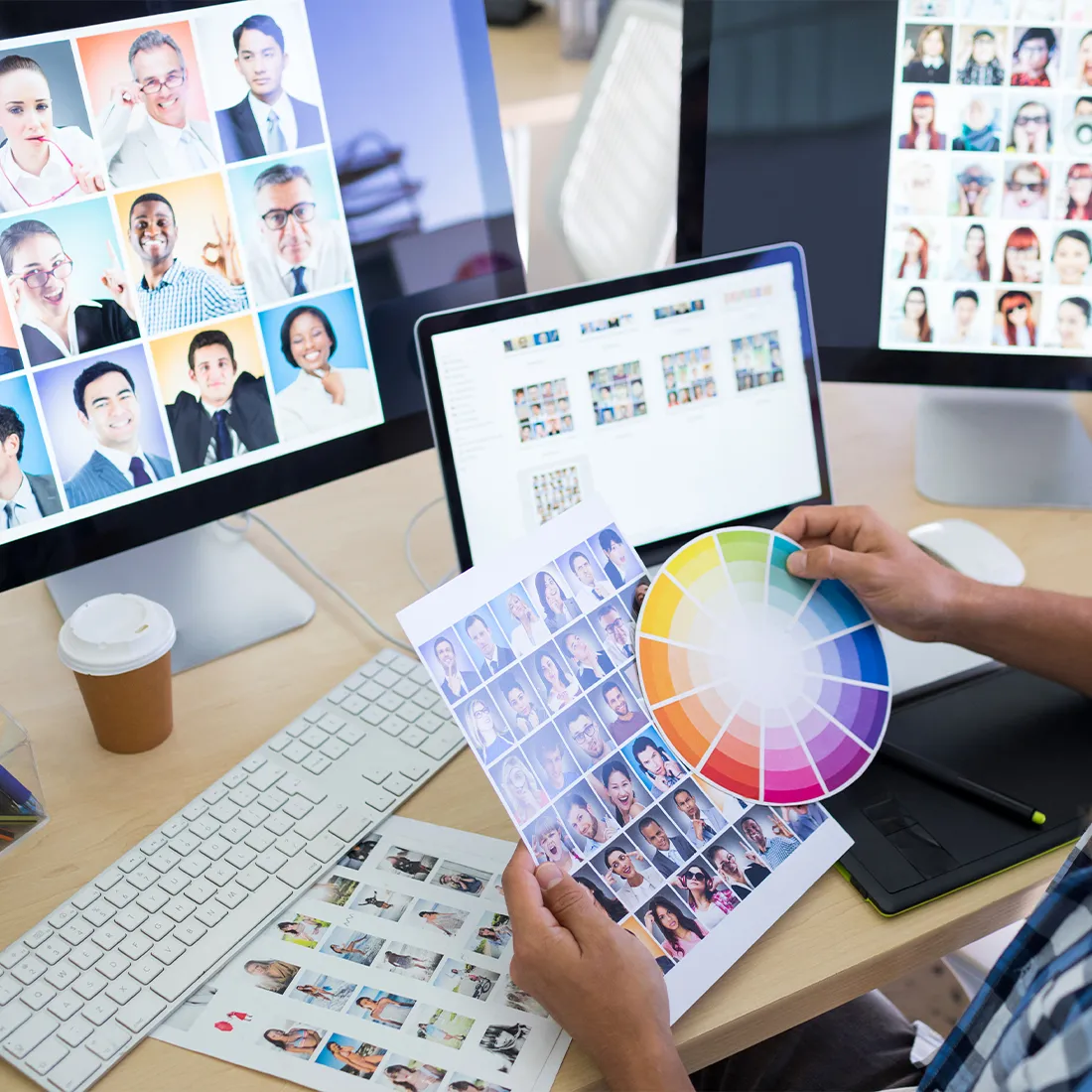 Écran d’ordinateur affichant une mosaïque de portraits, avec une main tenant un nuancier de couleurs et des impressions de visuels.